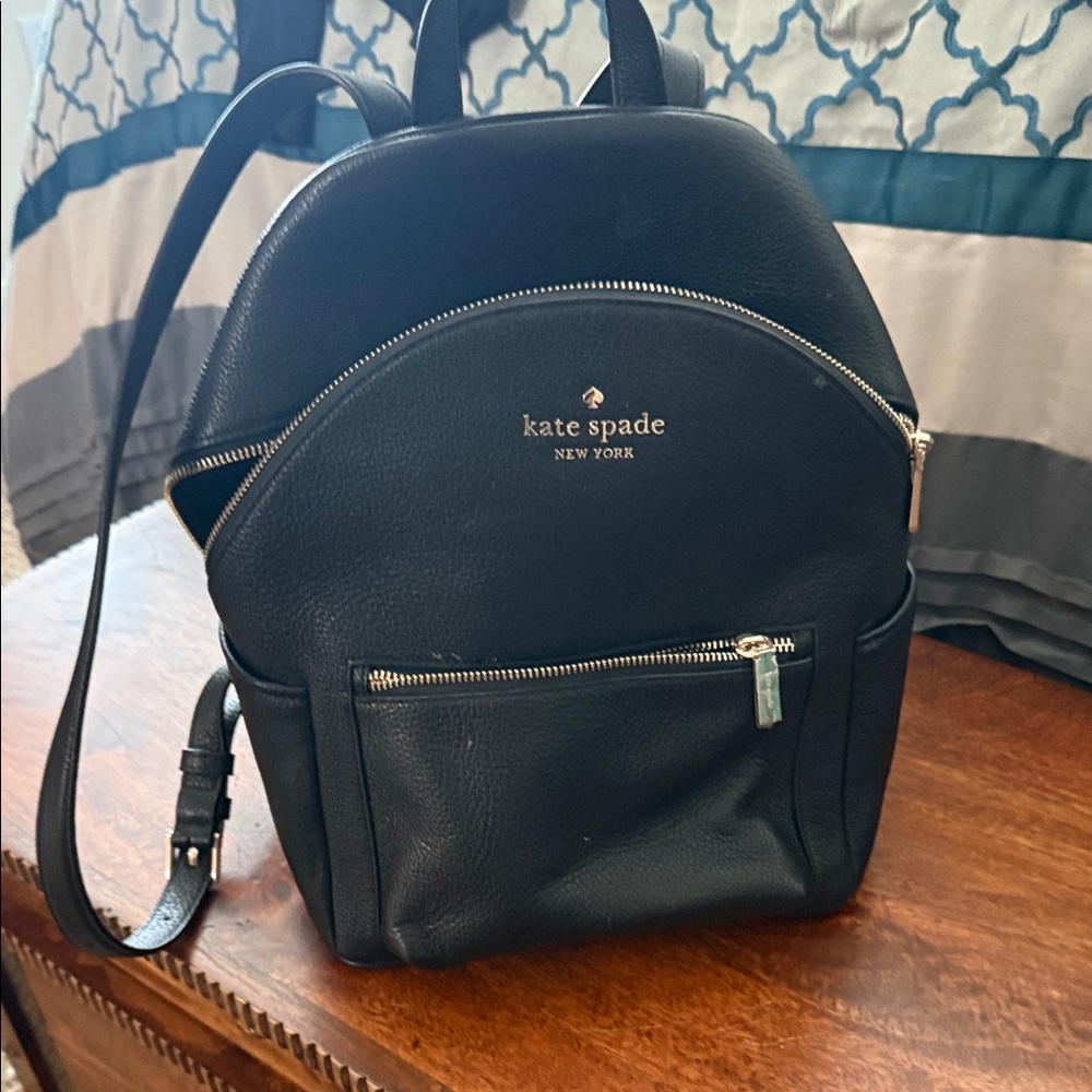 Kate Spade Black Leather Backpack with Silver Zippers